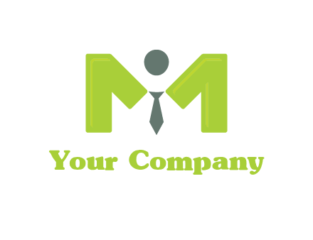person with tie between letter M logo