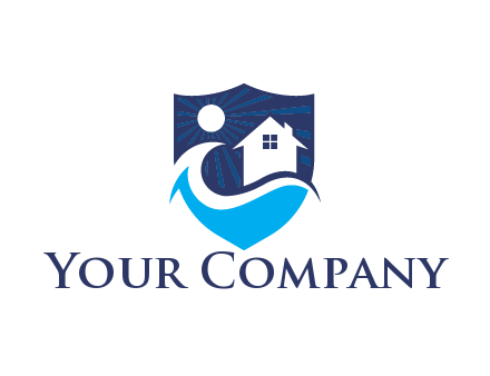 house with sun giving rays and waves in shield