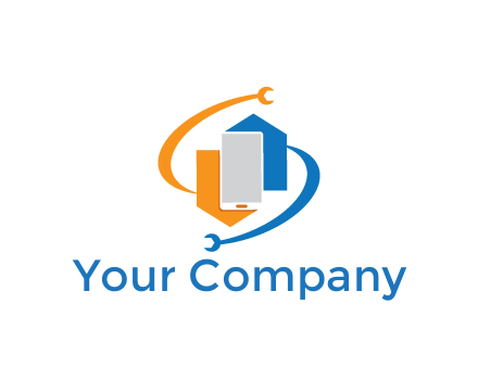 smartphone with geometrical shapes and wrenches with swooshes