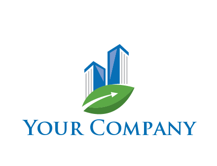 buildings with arrow in leaf real estate logo