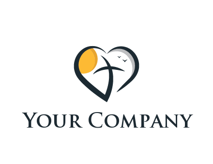 line art heart with palm tree and sun travel logo