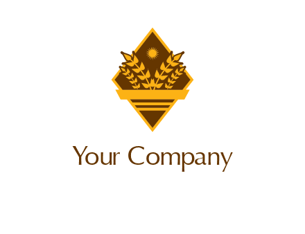 wheat stalks and sun in rhombus with ribbon agriculture logo